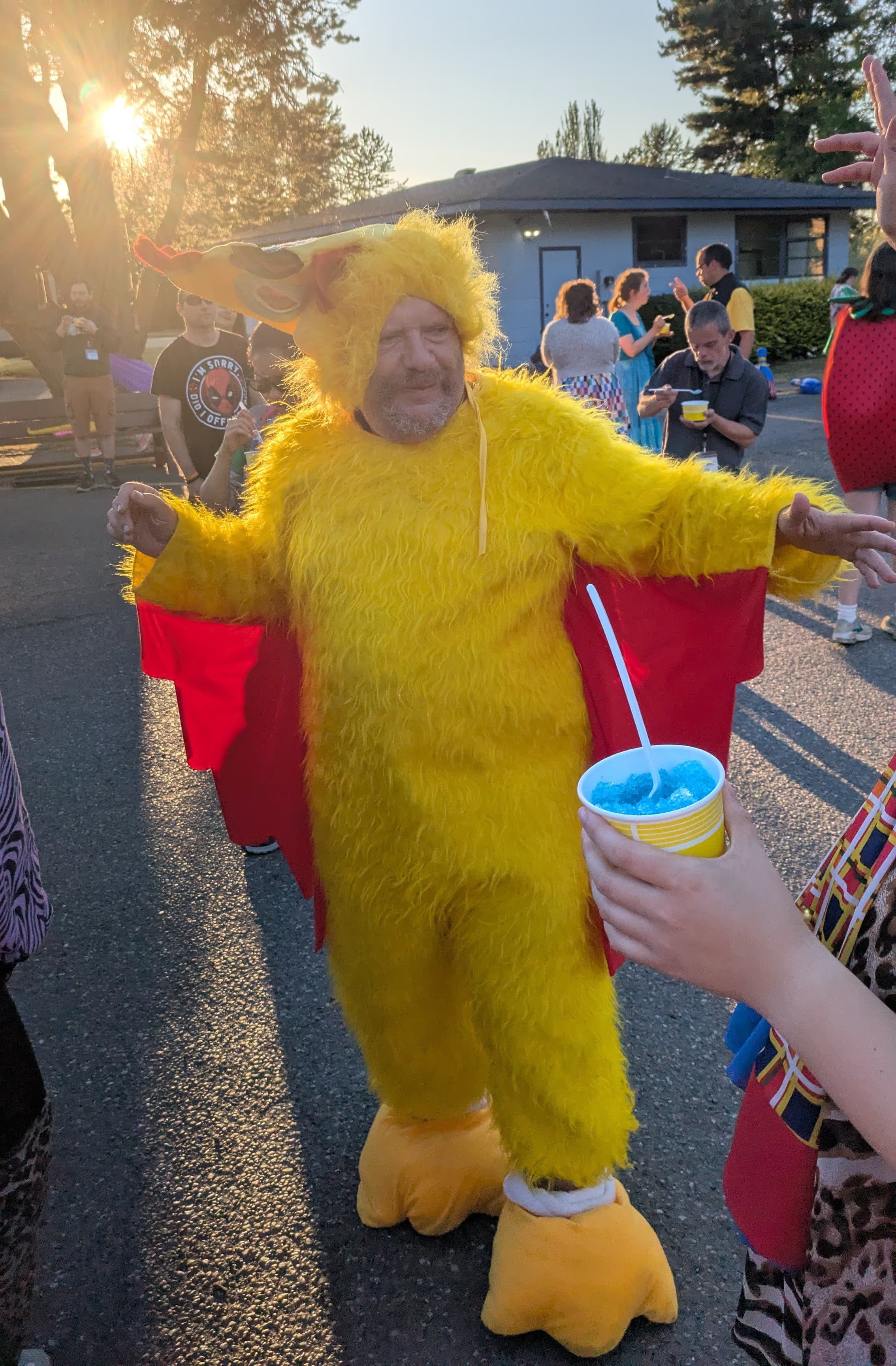 A man in a chicken costume